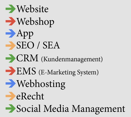 Web, Shop, App, SEO, SEA, SEM, CRM, EMS, Webhosting, e-Recht & Social Media Web, Shop, App, SEO, SEA, SEM, CRM, EMS, Webhosting, e-Recht & Social Media
